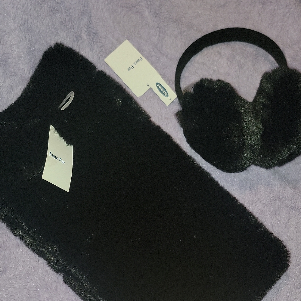 Old Navy Black Faux Fur Scarf and Ear Muffs Set